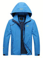 Blaue Outdoor-Jacke mit Kapuze, wasserdicht, winddicht, ideal für Wandern und Trekking.