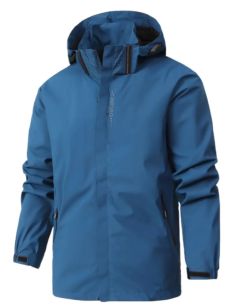 Blaue wasserdichte Herrenjacke mit Kapuze, Outdoor, atmungsaktiv, winddicht, Freizeitkleidung.