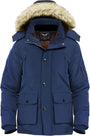 Dunkelblaue Winterjacke mit Kapuze und Kunstfellbesatz, warm, wasserdicht, Herrenmode.