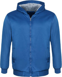 Blaue Herrenjacke mit Kapuze, Reißverschluss, warm gefüttert, Wintermode, Polyester.