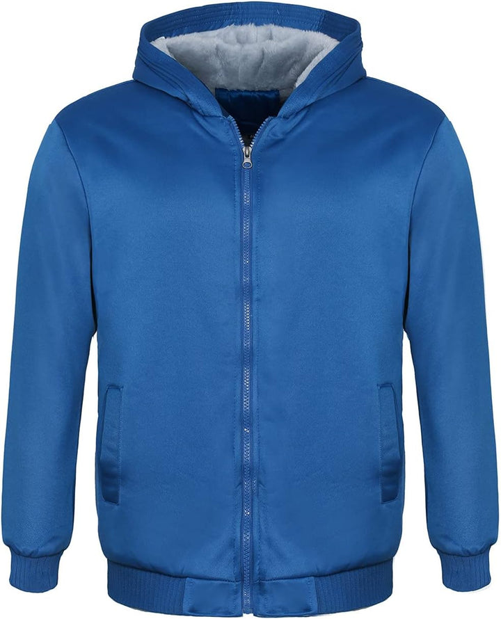 Blaue Herrenjacke mit Kapuze, Reißverschluss, warm gefüttert, Wintermode, Polyester.