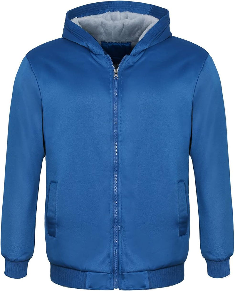 Blaue Herrenjacke mit Kapuze, Reißverschluss, warm gefüttert, Wintermode, Polyester.
