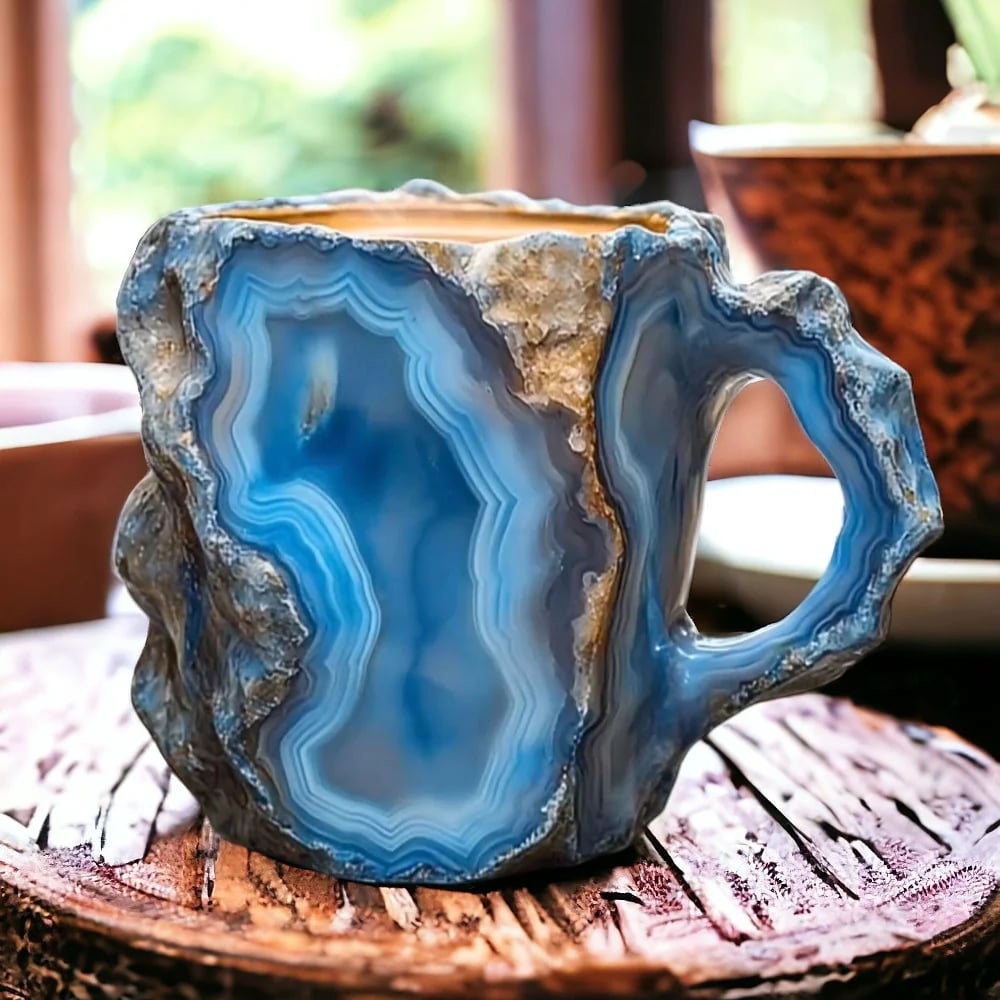 Blaue Achat-Tasse, geformt wie ein Kristall, auf Holztisch, ideal für Kaffee oder Tee.