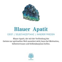 Blauer Apatit Kristall, spirituelle Bedeutung, Motivation, Selbstvertrauen, innerer Frieden.