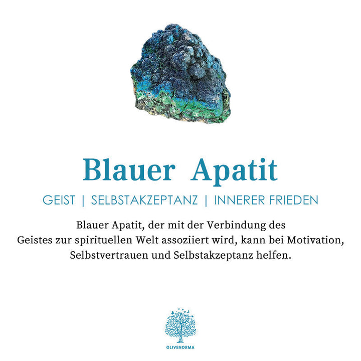 Blauer Apatit Kristall, spirituelle Bedeutung, Motivation, Selbstvertrauen, innerer Frieden.