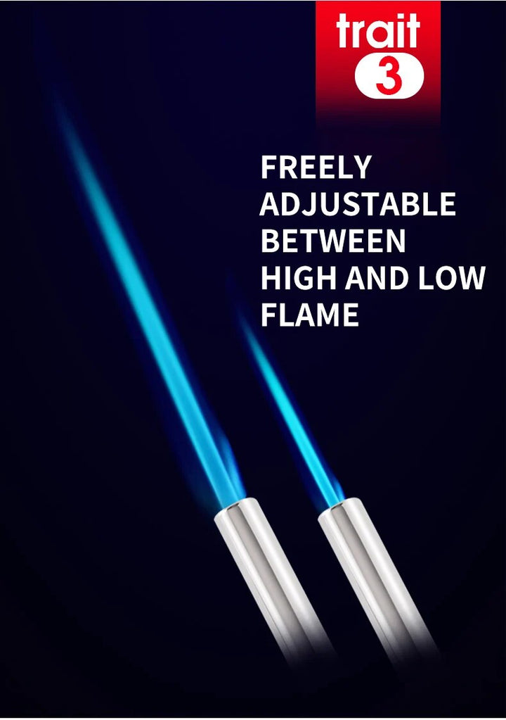 Zwei blaue Flammen aus Edelstahlbrennern, verstellbar zwischen hoher und niedriger Flamme.