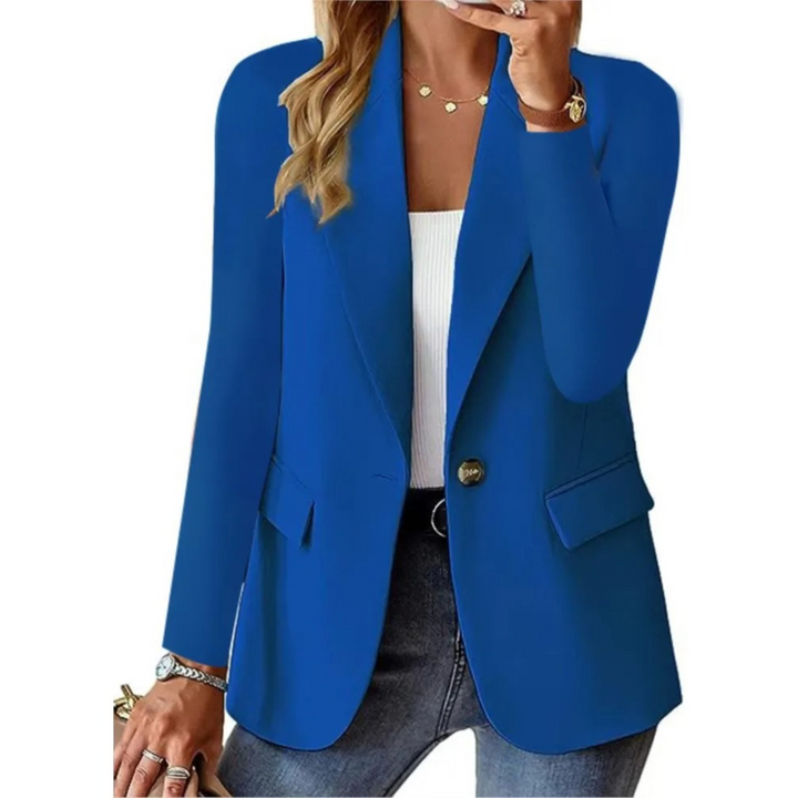 Damenblazer blau, eleganter Schnitt, modisch, Business-Look, Freizeitkleidung, Baumwolle.