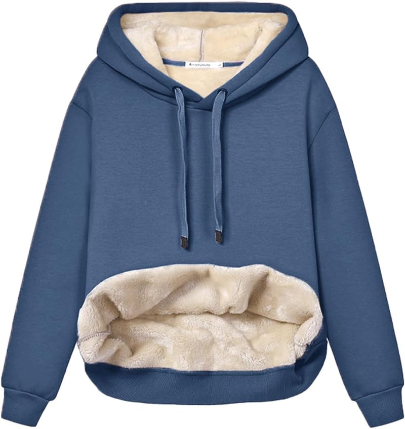 Blauer Kapuzenpullover mit Fleecefutter, warm, gemütlich, ideal für Herbst und Winter.