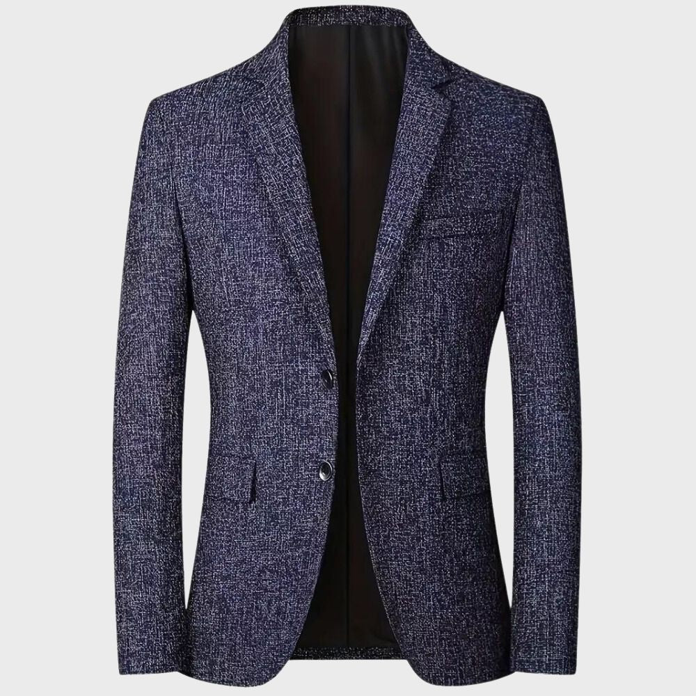 Blauer Herrenblazer, elegantes Design, strukturierter Stoff, ideal für formelle Anlässe.