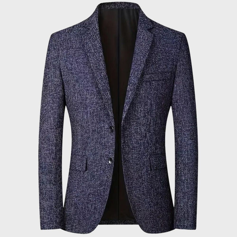 Blauer Herrenblazer, elegantes Design, strukturierter Stoff, ideal für formelle Anlässe.