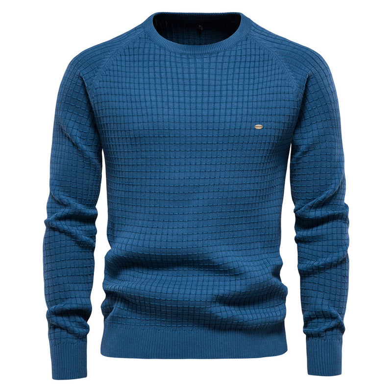 Blauer Herrenpullover aus 100% Baumwolle, O-Ausschnitt, Strickmuster, Wintermode.