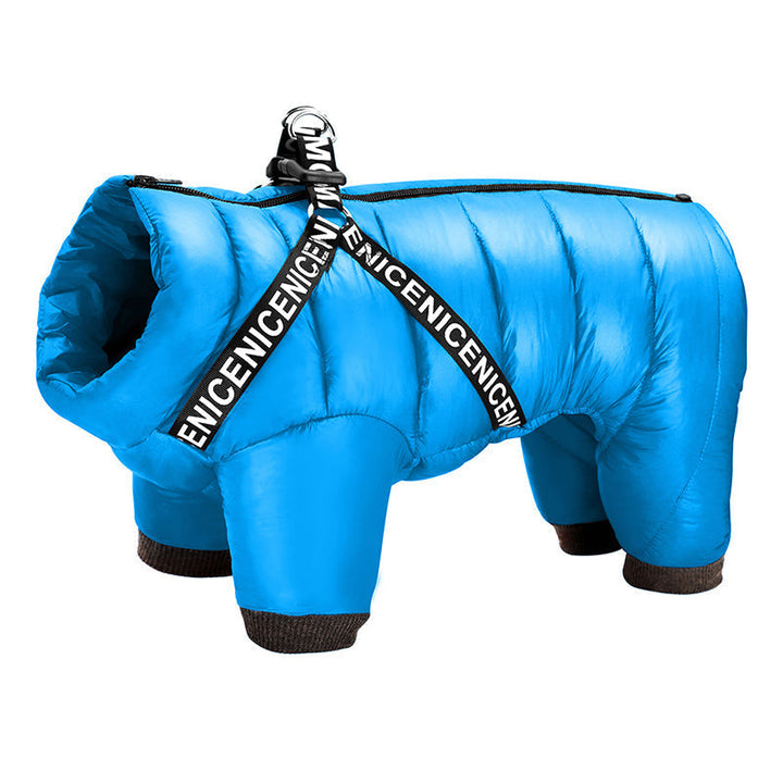 Blauer Hundemantel mit Geschirr, warm, wasserabweisend, für kleine Hunde, Winterbekleidung.