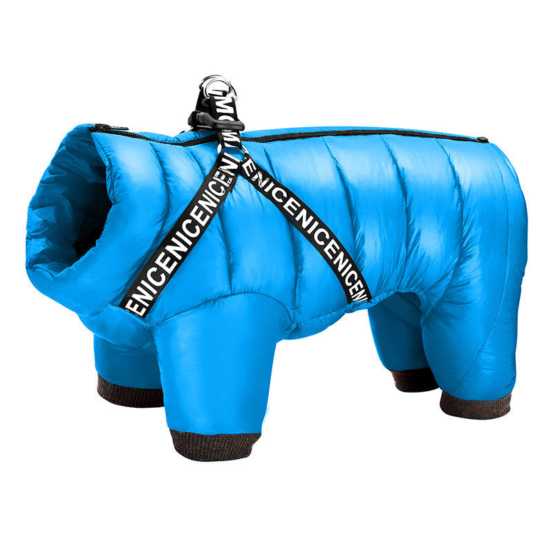 Blauer Hundemantel mit Geschirr, warm, wasserabweisend, für kleine Hunde, Winterbekleidung.