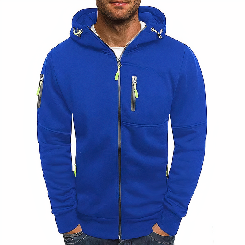Blauer Herren-Hoodie mit Reißverschluss, Kapuze und Taschen, sportlich, bequem, modisch.