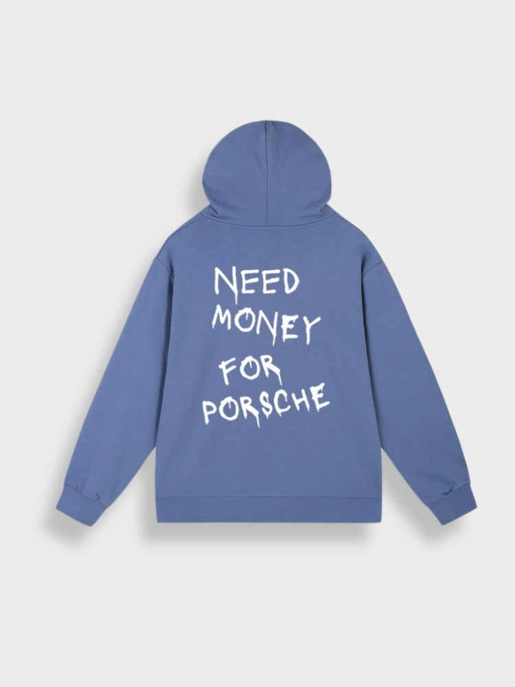 Blauer Hoodie mit Aufschrift "Need Money for Porsche", Baumwolle, Unisex, modisch, lässig.