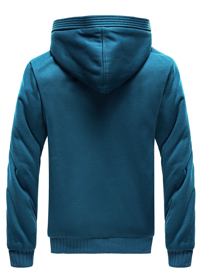 Blauer Kapuzenpullover aus Baumwolle, Rückansicht, Herrenmode, Freizeitkleidung, warm und bequem.