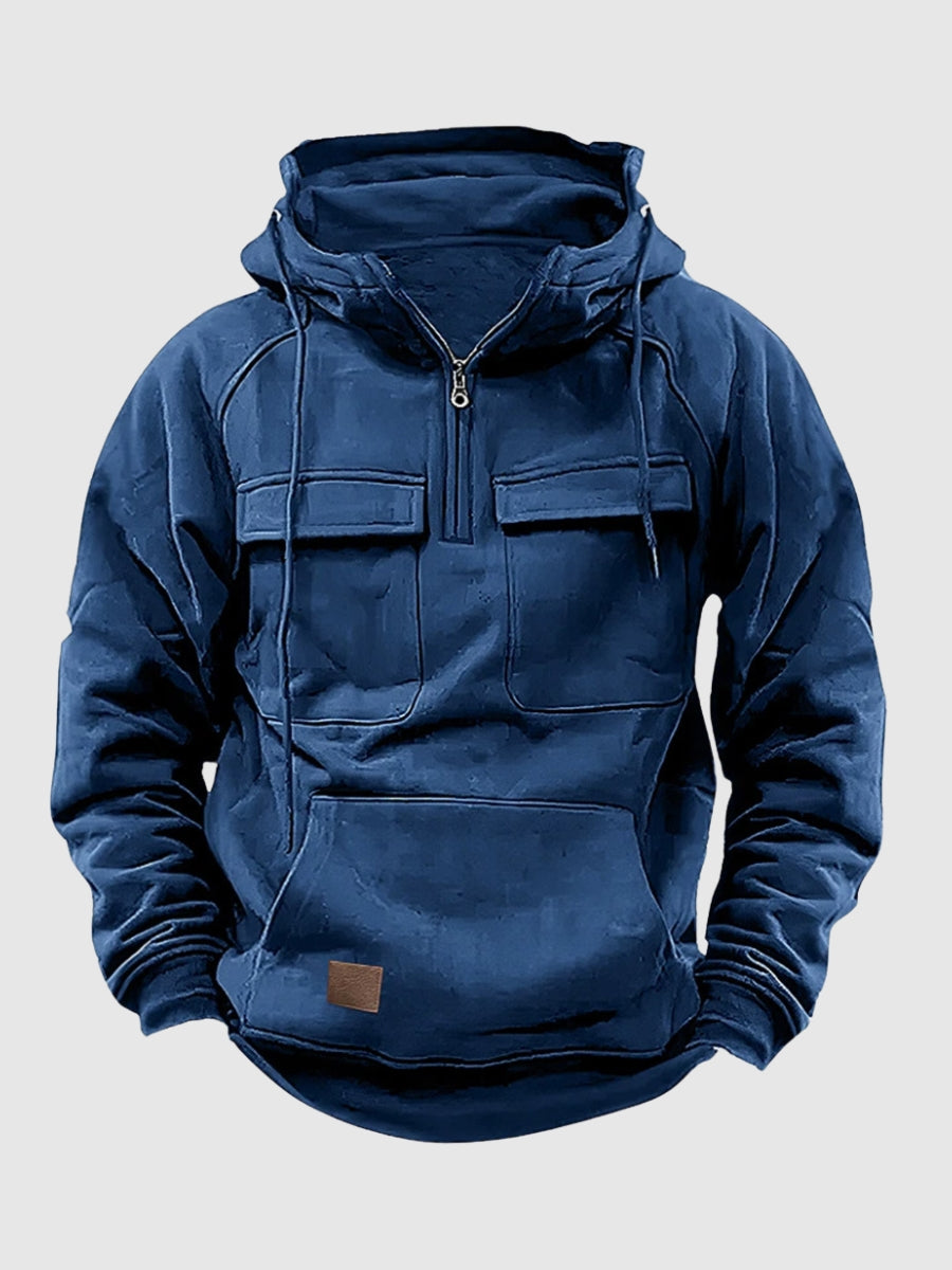 Dunkelblauer Herren-Hoodie mit Reißverschluss, Kapuze und Taschen, bequeme Freizeitmode.