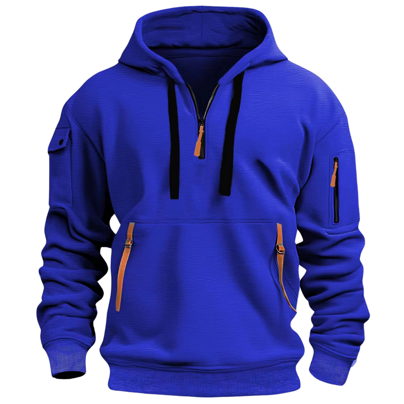 Blauer Herren-Hoodie mit Reißverschlusstaschen, Kapuze und langen Ärmeln, sportlich, bequem.