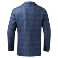 Blauer Herrenblazer kariert, Wollmischung, Rückansicht, modisches Design, elegante Herrenmode.