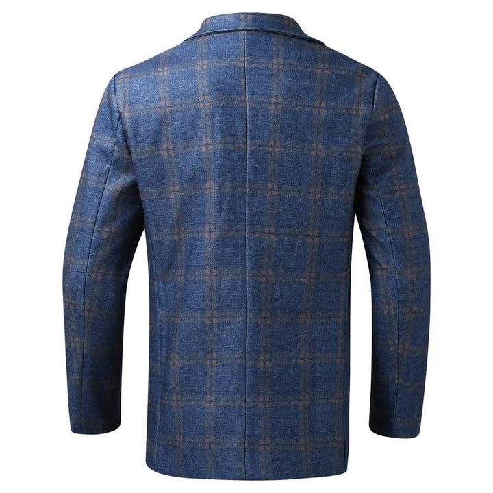 Blauer Herrenblazer kariert, Wollmischung, Rückansicht, modisches Design, elegante Herrenmode.