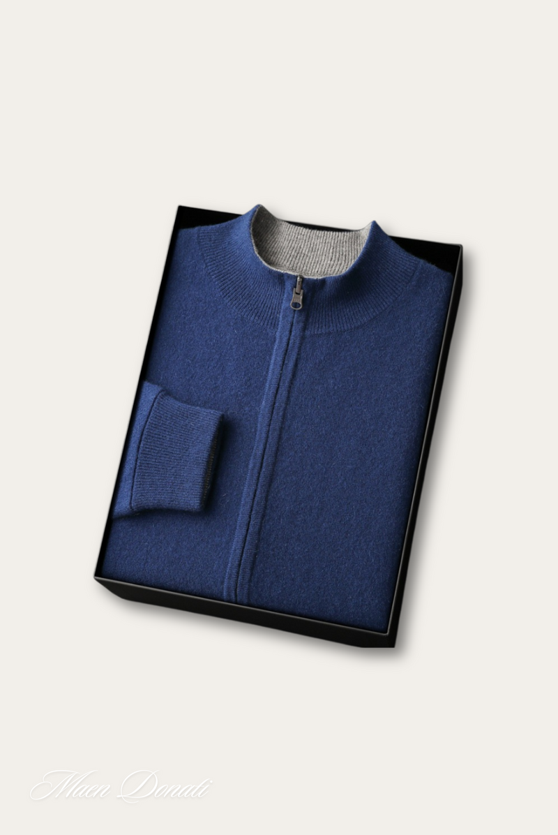 Blauer Kaschmir-Cardigan mit Reißverschluss in Geschenkbox, Herrenmode, luxuriös, weich.