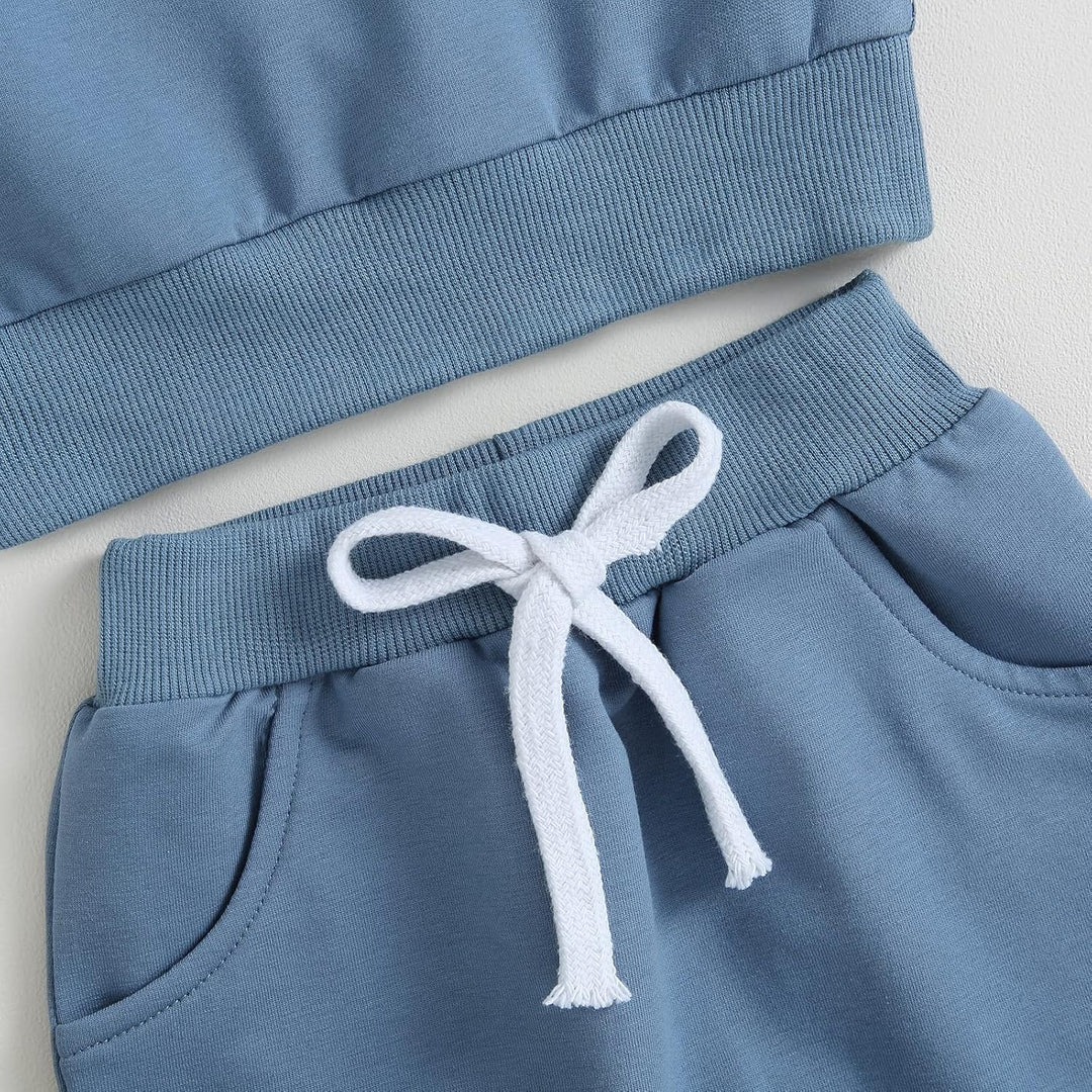 Blauer Kinder-Sweatanzug mit Kordelzug, Baumwolle, bequem, modisch, Freizeitkleidung.