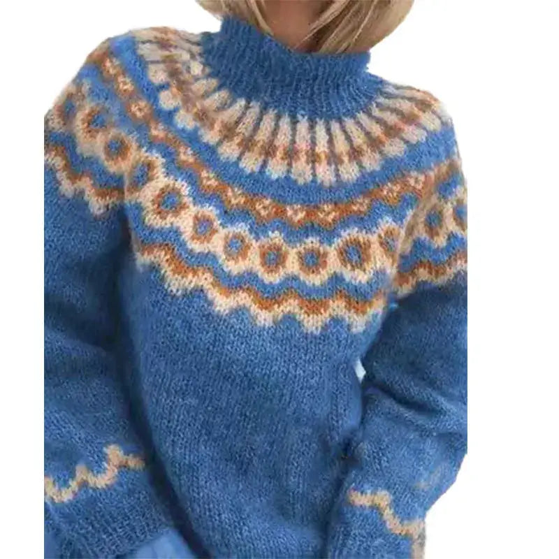 Damenpullover aus Wolle, blau mit Norwegermuster, Strickmode, Winterkleidung, warm.