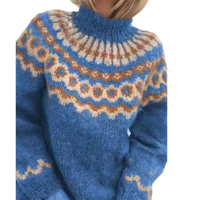 Blaue Strickpullover mit Norwegermuster, Damenmode, Winterkleidung, warme Wolle, skandinavisch.