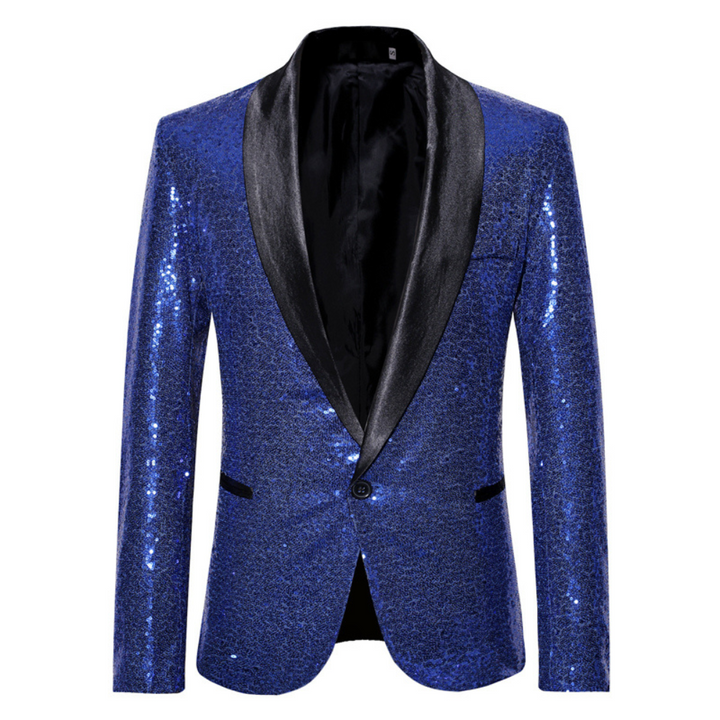 Blauer Pailletten-Blazer für Herren mit schwarzem Satin-Revers, festlich, elegant.