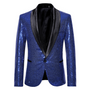 Blauer Pailletten-Blazer für Herren mit schwarzem Satin-Revers, festlich, elegant.
