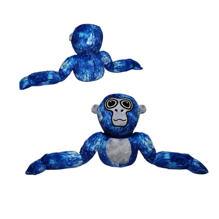 Blauer Plüschaffe mit weißen Mustern, weichem Material, ideal als Kuscheltier für Kinder.