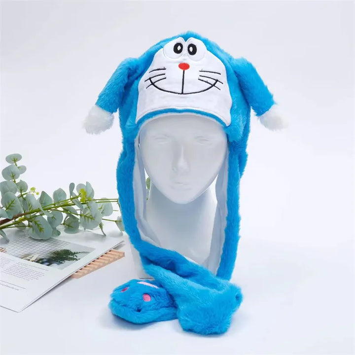 Blaue Doraemon-Mütze mit Ohren, Plüsch, Cartoon-Design, Kinder-Accessoire, Geschenkidee.