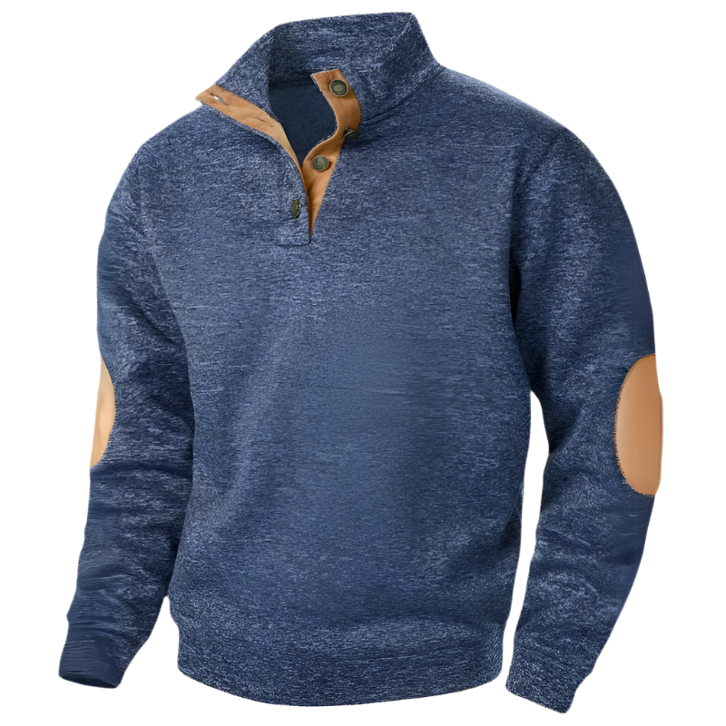 Blauer Herrenpullover mit Knopfleiste und beigen Ellbogen-Patches, modisch und bequem.