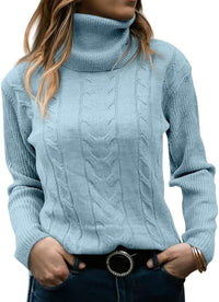 Damen Rollkragenpullover, blau, Zopfmuster, Strick, Wintermode, warm, elegant, casual.