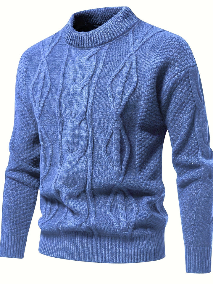 Blauer Strickpullover, Zopfmuster, Herrenmode, Winterkleidung, warm, stilvoll, Baumwolle.