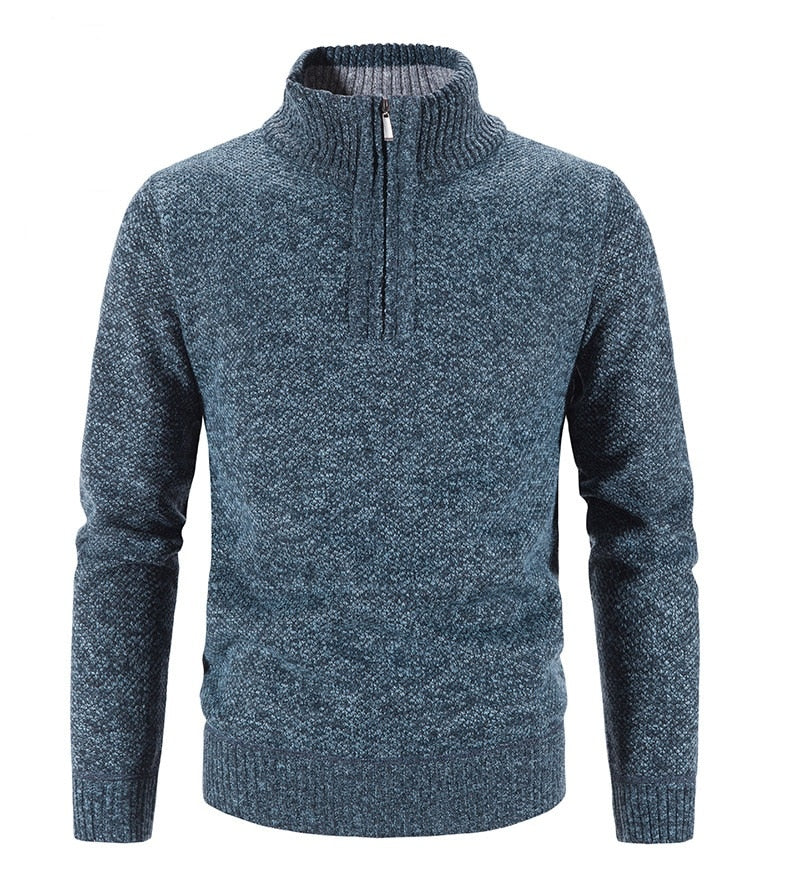 Blauer Herrenpullover mit Reißverschluss, Strick, warm, modisch, Winterkleidung.