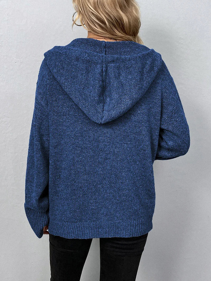 Frau in blauem Strickpullover mit Kapuze, Rückansicht, lässige Damenmode.