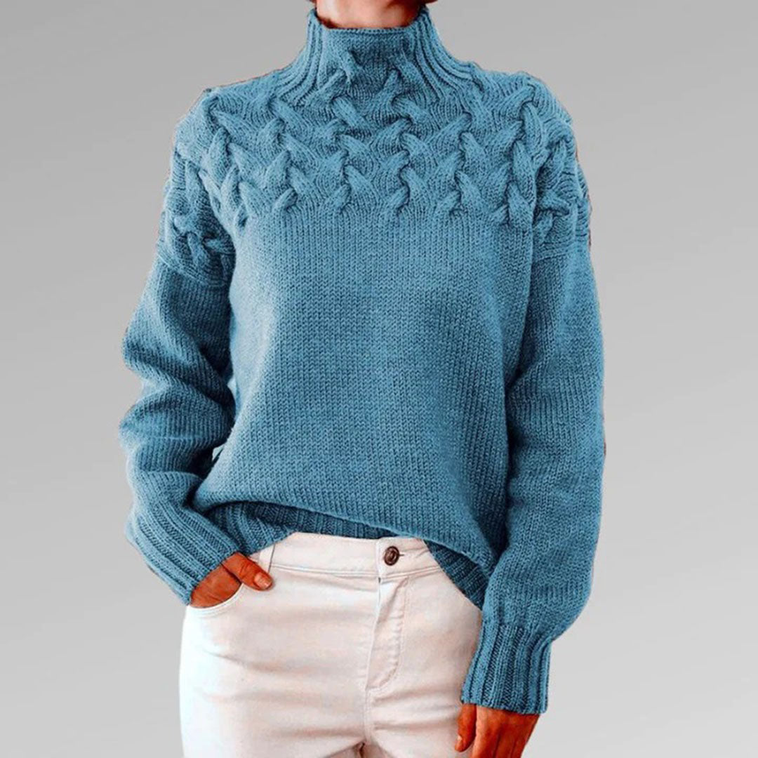 Blaue Strickpullover Damen, Zopfmuster, Rollkragen, Wintermode, warme Kleidung, Baumwolle.