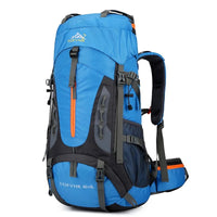 Blauer Wanderrucksack 65+5L, wasserdicht, mit mehreren Taschen und verstellbaren Gurten.