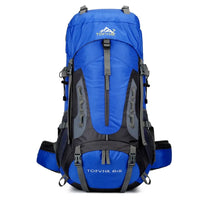 Blauer Wanderrucksack 65+5L, wasserdicht, mit mehreren Taschen, ideal für Outdoor-Abenteuer.
