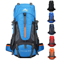 Blauer Wanderrucksack 65+5L, wasserdicht, mit mehreren Taschen, ideal für Outdoor-Abenteuer.