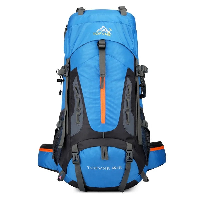 Blauer Wanderrucksack 65+5L, wasserdicht, mit mehreren Taschen, ideal für Outdoor-Abenteuer.