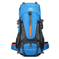 Blauer Wanderrucksack 65+5L, wasserdicht, mit mehreren Taschen, ideal für Outdoor-Abenteuer.