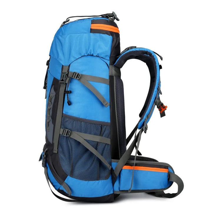 Blauer Wanderrucksack, 60L, mit verstellbaren Gurten, ideal für Outdoor-Abenteuer.