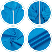 Blaue Regenjacke mit Kapuze, Reißverschluss, elastischer Taille, wasserabweisend, Unisex.