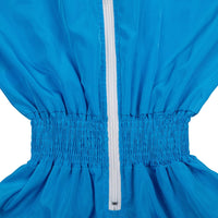 Blaue Regenjacke mit Reißverschluss, elastischer Taille, wasserdicht, Outdoor-Bekleidung.