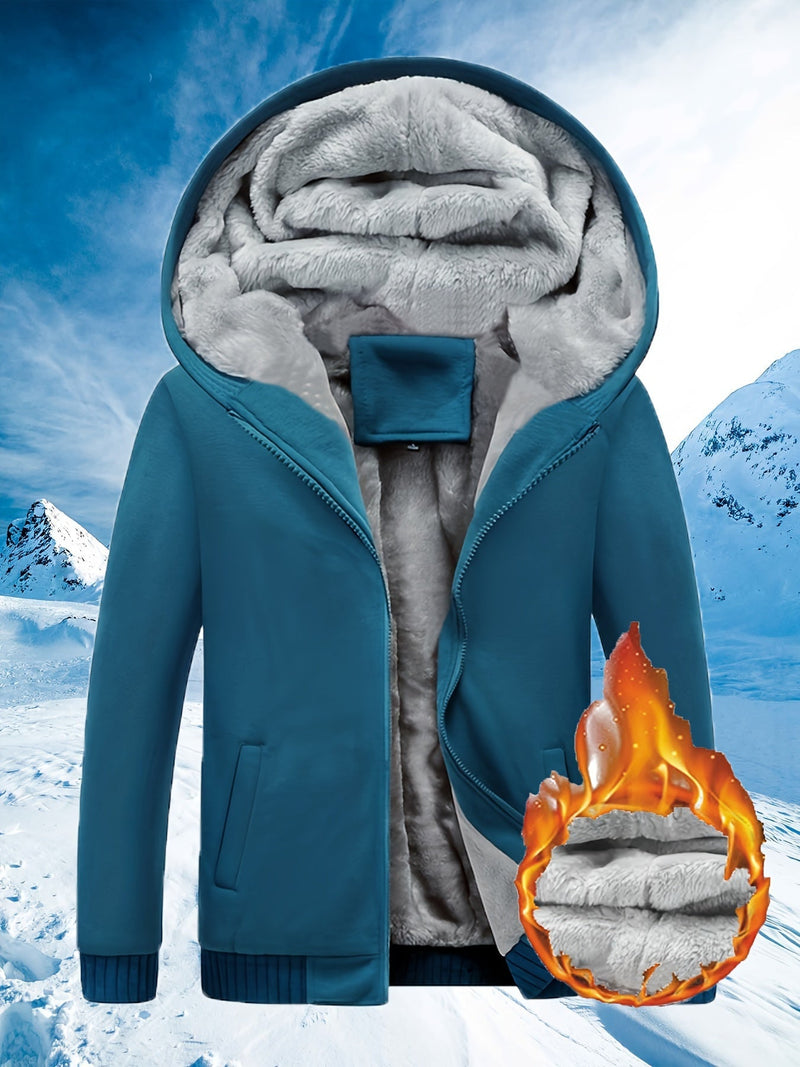 Blaue Winterjacke mit Kapuze, Plüschfutter, winddicht, warm, ideal für Outdoor-Aktivitäten.