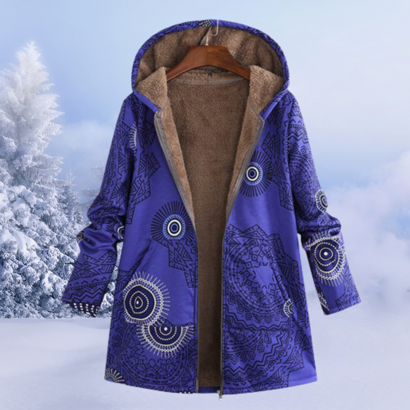 Blauer Damen-Wintermantel mit Kapuze, Mandala-Muster, warmes Futter, ideal für kaltes Wetter.