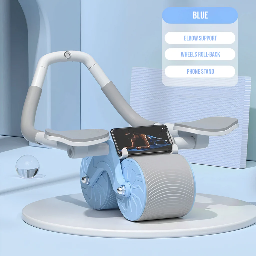 Blauer Fitness-Roller mit Armstütze, Handyhalter und Rückrollrädern für Heimtraining.