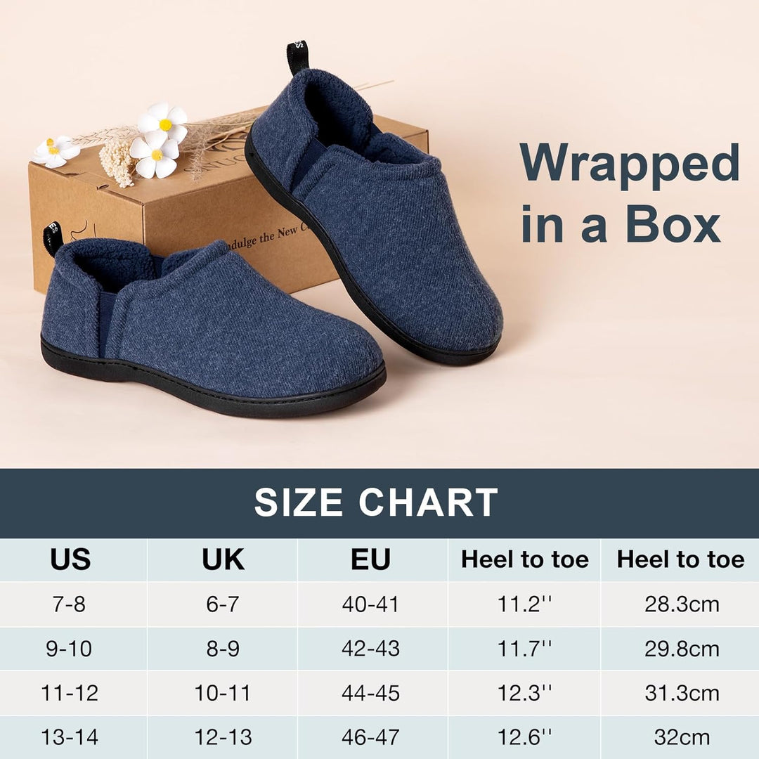 Blaue Hausschuhe aus Stoff, rutschfeste Sohle, Geschenkbox, Größenangaben, bequem.